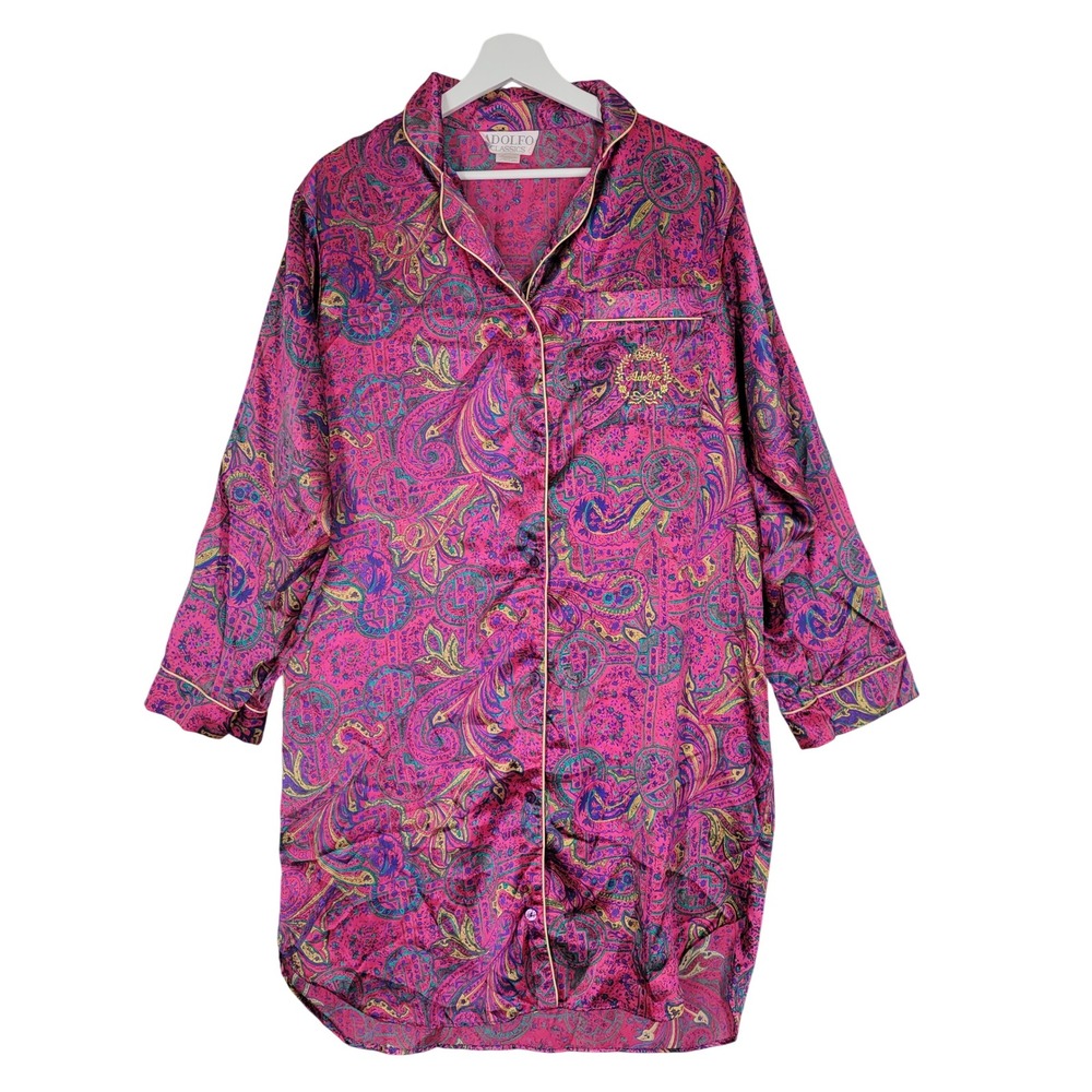 Adolfo Classics Sleep Shirt Womens Medium Pink Paisley Satin Button Front Crest